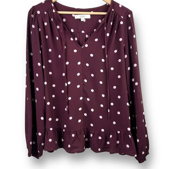 Loft Women's Size M Long Sleeve Split Neck Peplum Blouse Maroon With White Dots - Picture 1 of 11